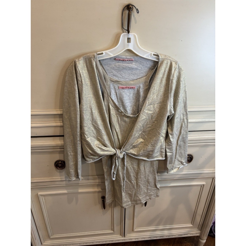 Velvet Metallic Gold Tank & Cropped Cardigan set Beaded Small Cotton Made In USA